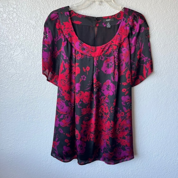 Alfani silk floral embellished top with beads and sequins - Picture 1 of 8